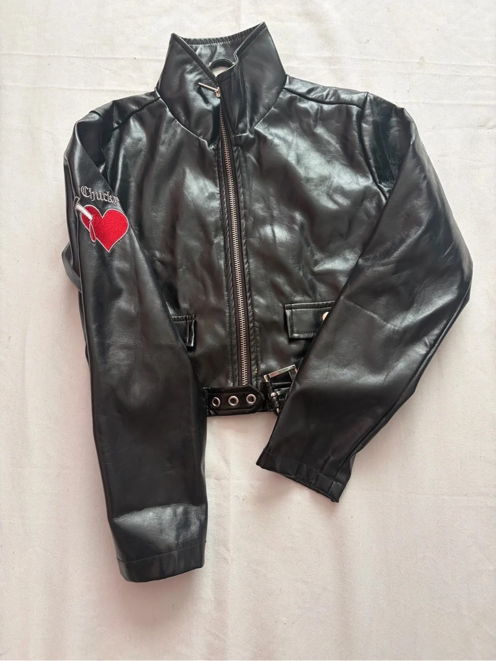 Kids Black Faux Leather Moto Jacket with Heart Patch